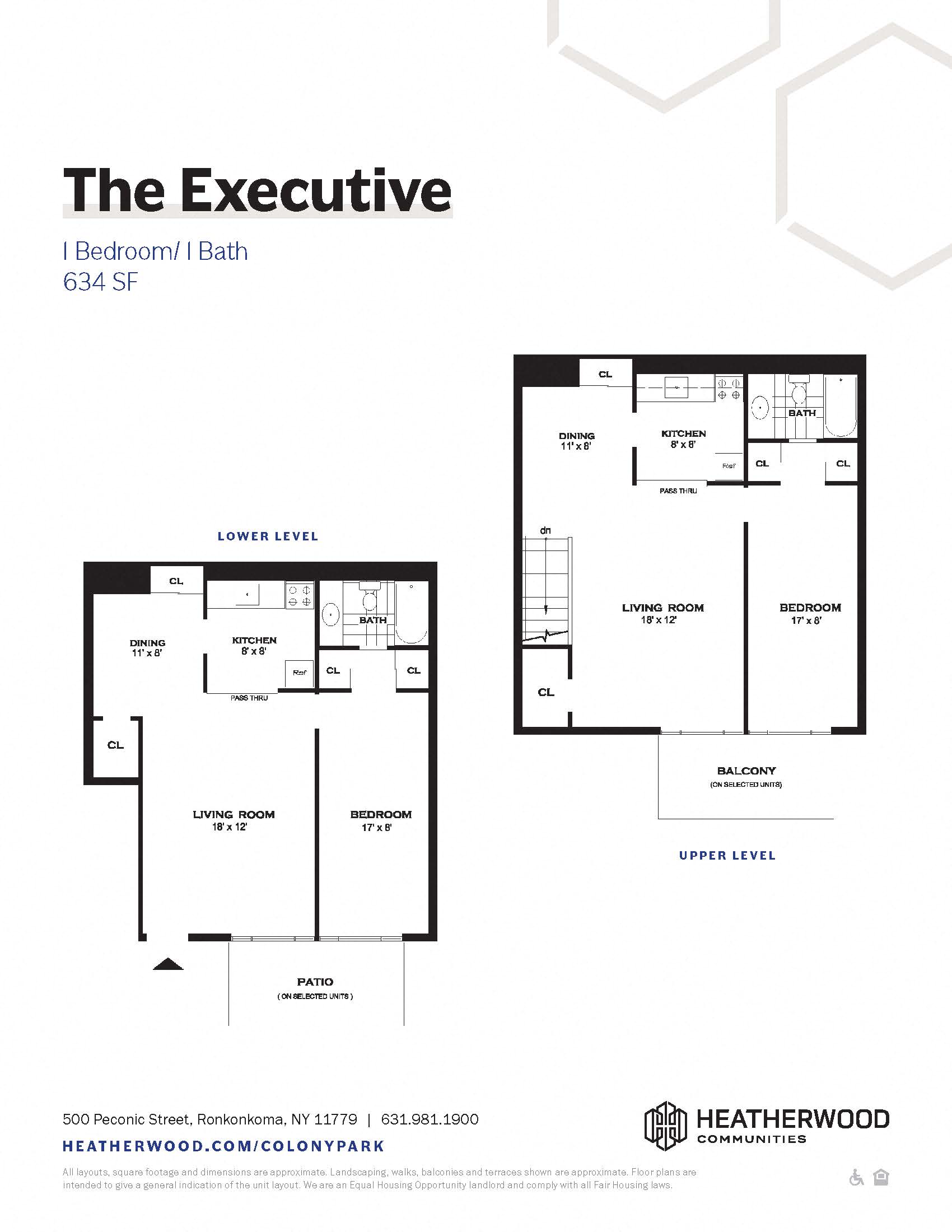 Floor plan for 1 bed, 1 bath, 634 sqft